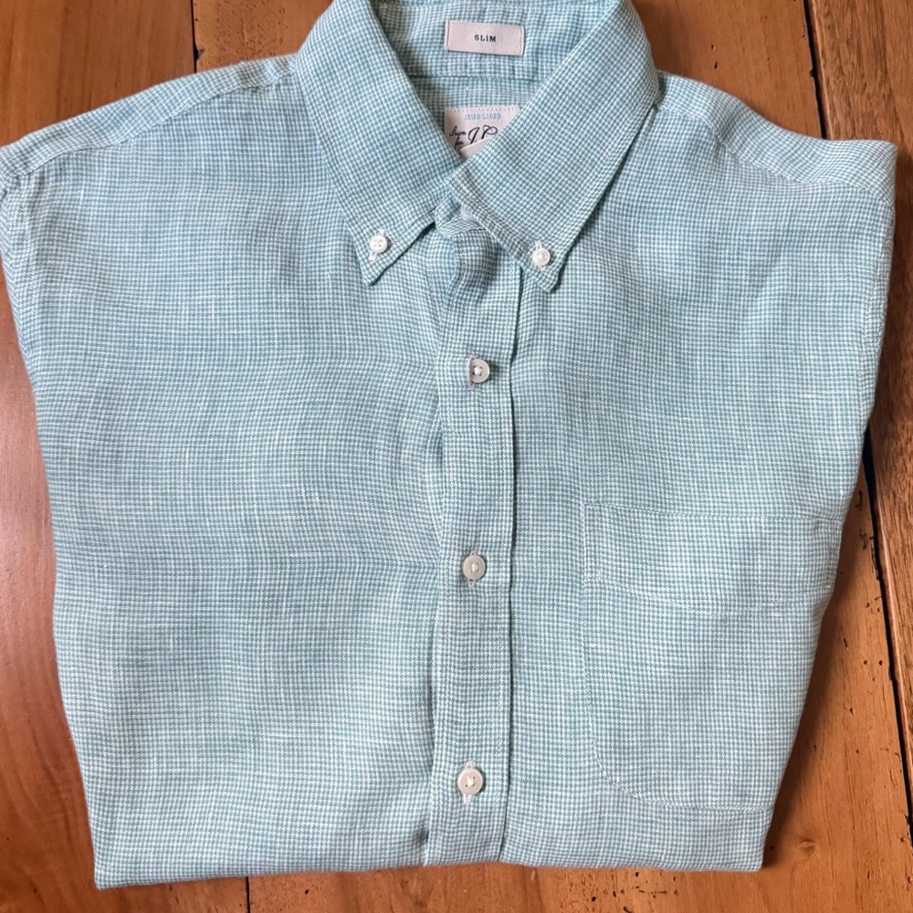 Men's Light Green Micro Houndstooth Linen Button-Down Shirt